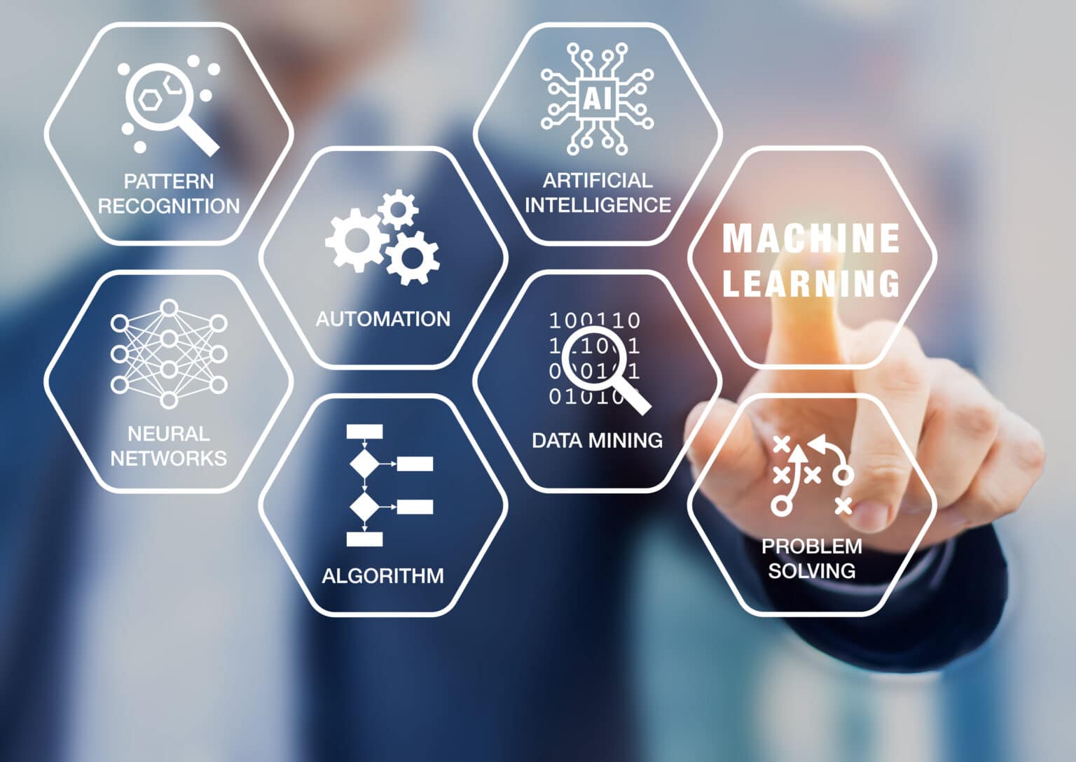 Presentation about machine learning technology with scientist touching screen with artificial intelligence (AI), neural network, automation, and data mining words and computer icons